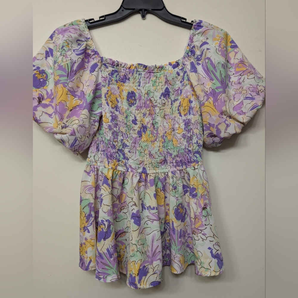 L. Love Floral Smocked Peplum Top Puff Sleeve Purple Yellow LVC2629 - Medium